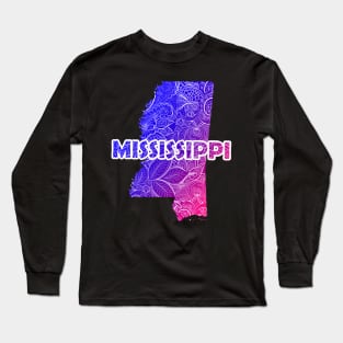 Colorful mandala art map of Mississippi with text in blue and violet Long Sleeve T-Shirt